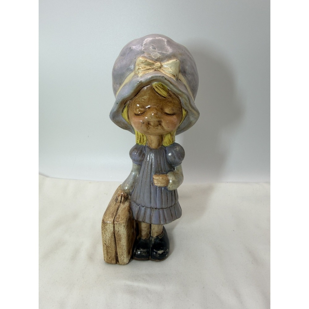 Vintage 1980's Ceramic Girl w/ Bonnet Hat & Suitcase Doll Figurine Hand Painted